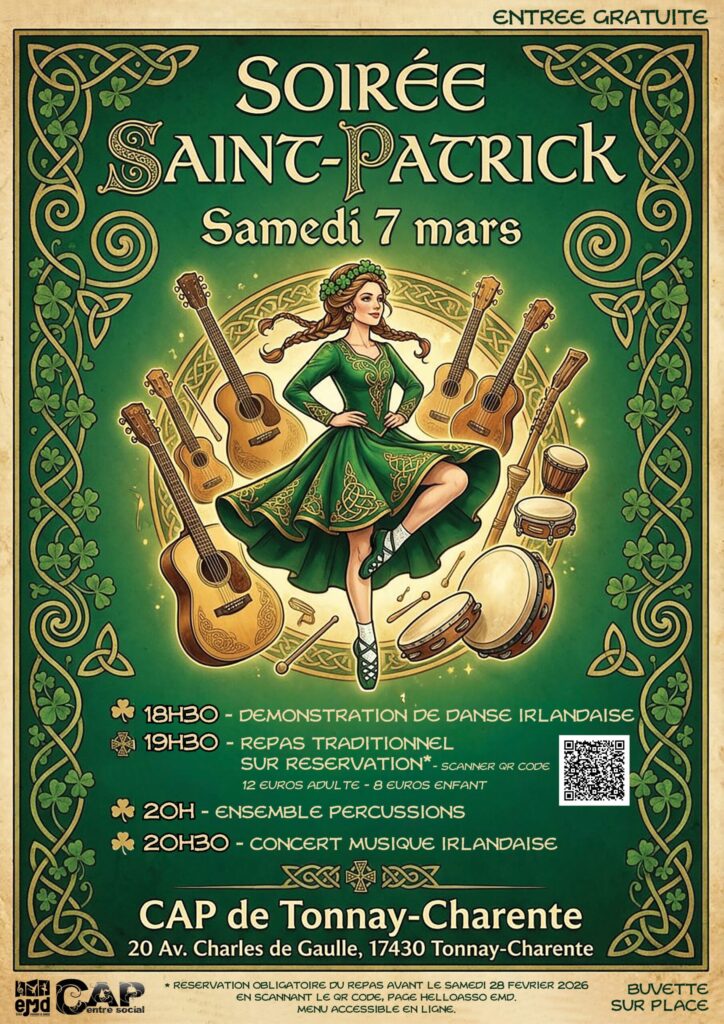 Soirée st patrick, danseuse sur fond vert avec des guitares autour.